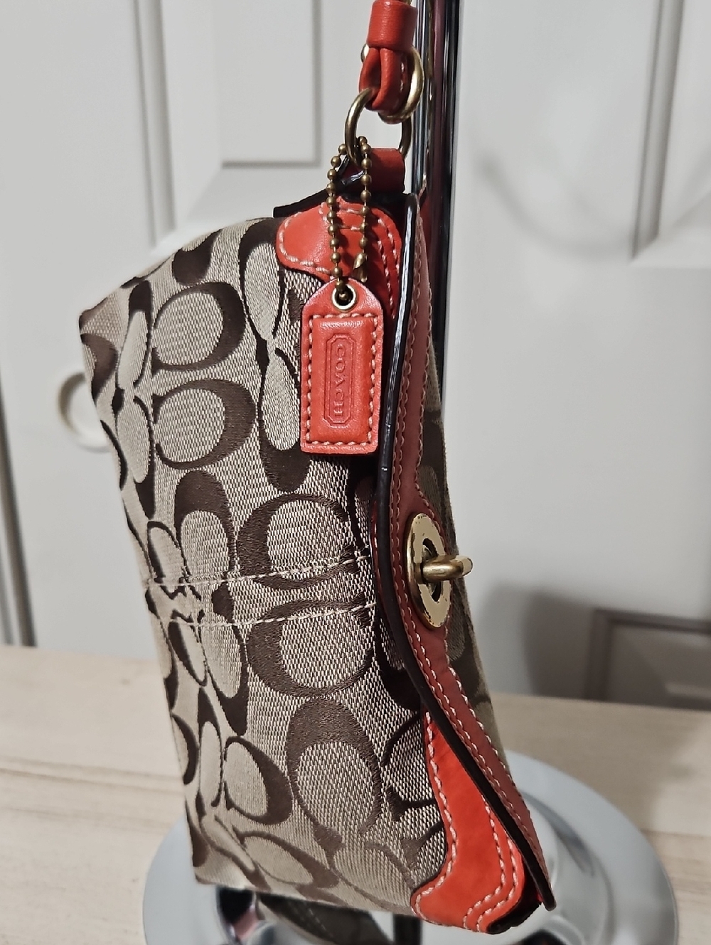 Coach EUC Turnlock Signature Canvas with Coral Trim Clutch